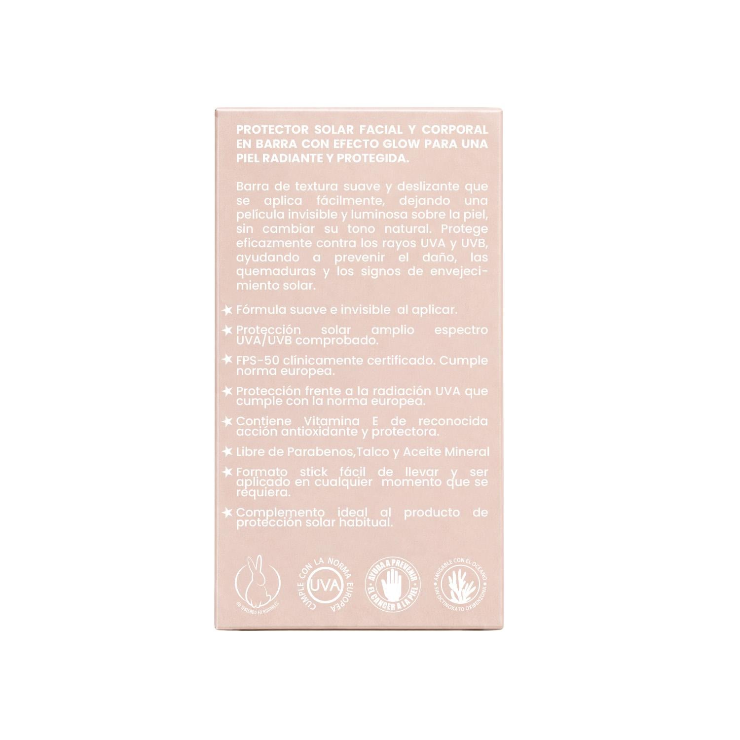 Protector Solar Facial y Corporal en Barra Efecto Glow FPS 50