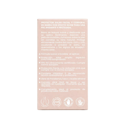 Protector Solar Facial y Corporal en Barra Efecto Glow FPS 50